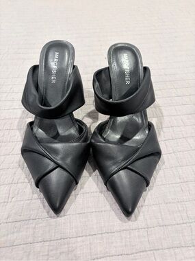 Marc Fisher Black Pointed Leather Crossover Mule Heels